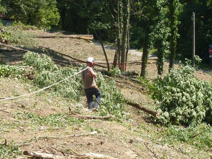 Le bûcheron déroule le cable du treuil